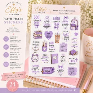 May include: A sticker sheet featuring 24 individual purple and white faith-themed designs. The stickers include illustrations of books, a backpack, a coffee cup, a pencil holder, a clock, and a pouch, all decorated with inspirational religious text.