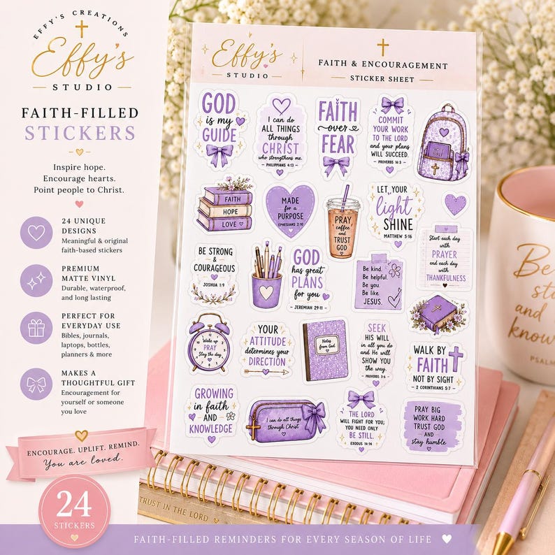 May include: A sticker sheet featuring 24 individual purple and white faith-themed designs. The stickers include illustrations of books, a backpack, a coffee cup, a pencil holder, a clock, and a pouch, all decorated with inspirational religious text.