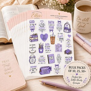 May include: A stack of sticker sheets featuring purple and white religious-themed illustrations and text, including phrases like God is my guide, Faith over fear, and Be strong and courageous, alongside icons of books, a backpack, and a coffee cup.