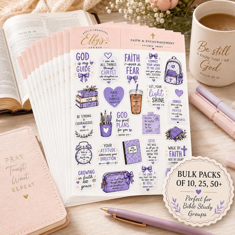 May include: A stack of sticker sheets featuring purple and white religious-themed illustrations and text, including phrases like God is my guide, Faith over fear, and Be strong and courageous, alongside icons of books, a backpack, and a coffee cup.