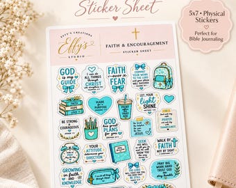 May include: A 5x7 inch sticker sheet titled Faith & Encouragement Sticker Sheet by Effy's Creations Studio. The sheet features various teal and blue themed stickers with religious quotes, illustrations of books, a backpack, and flowers.