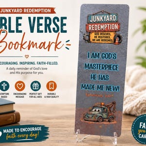 May include: A Bible verse bookmark with the text "Junkyard Redemption" and "I AM GOD'S MASTERPIECE HE HAS MADE ME NEW!" featuring a cartoon tow truck. The bookmark is designed to encourage faith every day.