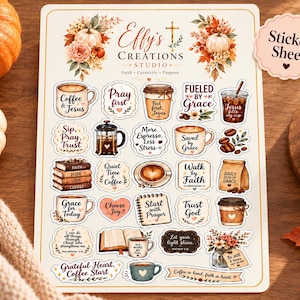 May include: A rectangular sticker sheet featuring various coffee-themed illustrations and religious phrases. Designs include coffee mugs, a French press, books, and floral arrangements in warm autumn tones. The text includes phrases like Coffee & Jesus, Fueled by Grace, and Walk by Faith.