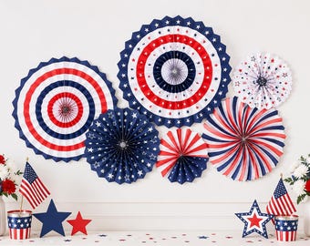 6pcs Red White and Blue Paper Fan Decorations, Patriotic Party Rosette Fans for 4th of July, Memorial Day and USA Theme Decor