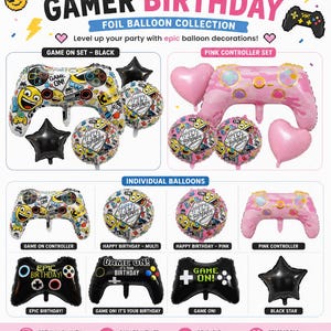 Op de afbeelding: Een collectie gamer-folieballonnen met spelcontroller-vormen, ronde ballonnen met Happy Birthday-tekst en stervormen. De set bevat meerkleurige ontwerpen met emoji-afbeeldingen en effen roze of zwarte kleuropties voor decoratieve doeleinden.