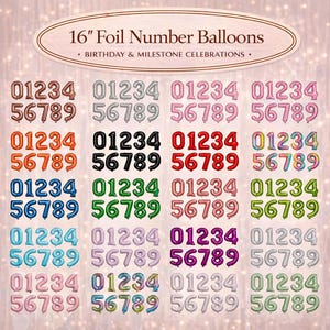 May include: A selection of 40 cm foil number balloons in various colours, ideal for birthday and milestone celebrations. The balloons are arranged in rows, displaying the numbers 0-9 in multiple colours, including gold, silver, pink, and blue.