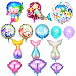 Może przedstawiać: Kolekcja balonów o tematyce syrenki w różnych kształtach i kolorach. Zawiera balony foliowe w kształcie syren, ogonów syren i muszli. Zawiera również okrągłe balony z motywami syren i napisem "Happy Birthday".