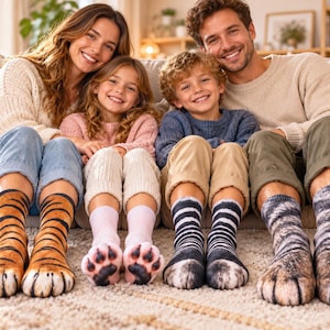 May include: Four pairs of novelty socks featuring animal paw prints. The first pair is orange with black tiger stripes, the second is light pink with paw pads, the third is black and white zebra stripes, and the fourth is grey and white fur.