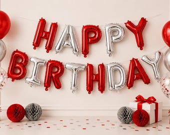 Red and Silver Happy Birthday Foil Balloon Banner, Birthday Letter Balloons, Birthday Party Decorations, Air Fill Balloon Garland