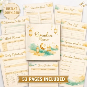Puede incluir: Un conjunto de páginas imprimibles del planificador del Ramadán en crema y dorado. El planificador incluye secciones para objetivos, listas de tareas, planificación de comidas, reflexiones diarias y seguimiento del Corán. La portada presenta una luna creciente y linternas. El texto "53 PAGES INCLUDED" es visible.
