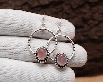 Handmade Sterling Silver Rose Quartz Earring, Oval Gemstone