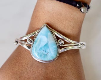 Designer Dolphin Larimar Bangle, Handmade Bangle, 925 Sterling Silver, Pear Gemstone