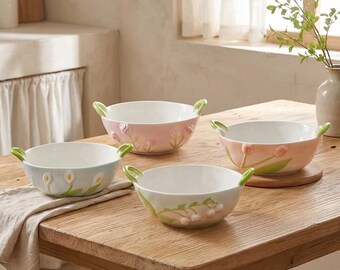 Ceramic Bowl | Hand-Painted Floral Serving Bowl with Handles