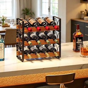 May include: A black metal and wood wine rack holding twelve bottles of wine. The rack has a tiered design with wooden shelves and decorative metal accents. Several bottles of wine are visible, with red and green bottle tops.