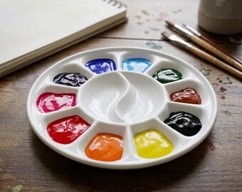 Ceramic Paint Palette | Round Porcelain Mixing Tray for Artists