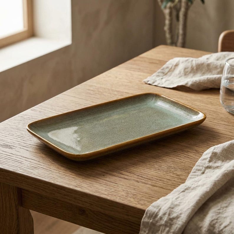May include: A rectangular serving tray with a glossy, sage green glazed surface and a contrasting dark brown rim. The tray features a smooth, slightly uneven texture and is positioned on a wooden surface with a light-colored linen napkin nearby.