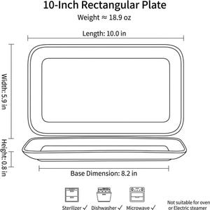 May include: A white 10-inch rectangular plate with a weight of 18.9 oz. Dimensions include a length of 10.0 inches, width of 5.9 inches, height of 0.8 inches, and base dimension of 8.2 inches. Icons indicate it is safe for sterilizers, dishwashers, and microwaves.