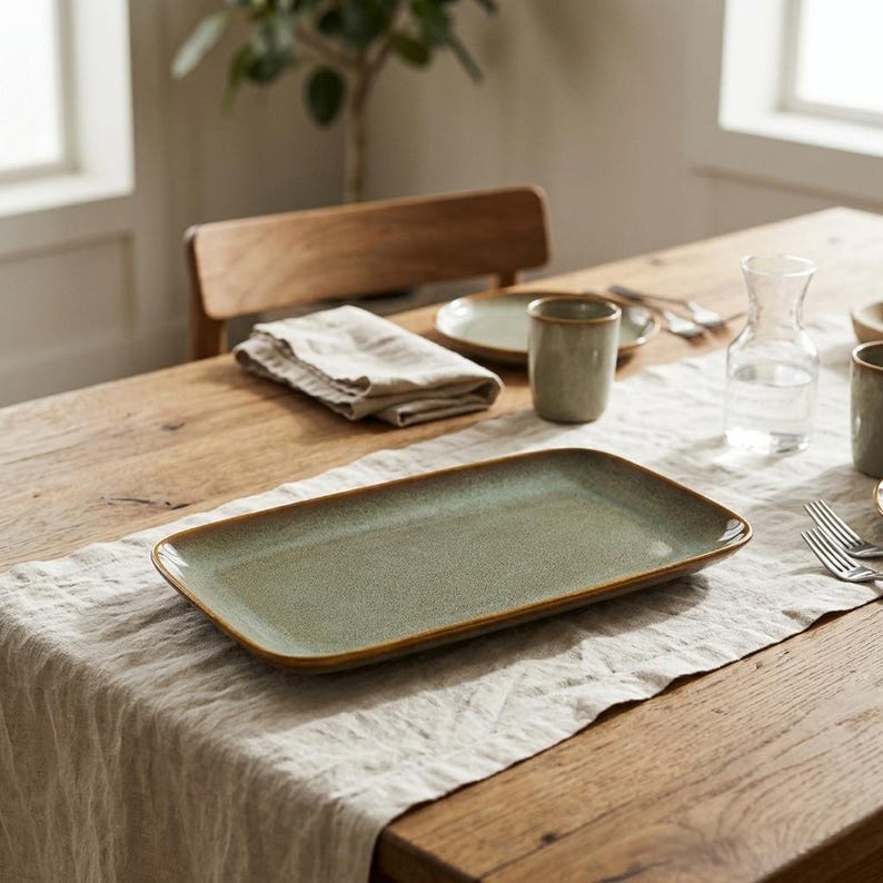 May include: A rectangular ceramic serving platter with a speckled sage green glaze and a dark brown rim, resting on a light-colored linen table runner. The platter features a smooth, slightly concave surface with rounded corners.