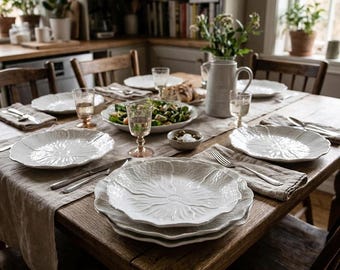 May include: A set of white ceramic dinner plates featuring a textured, embossed leaf pattern on the surface. The plates are arranged on a wooden dining table with matching silverware, clear glassware, and a ceramic pitcher in the center.