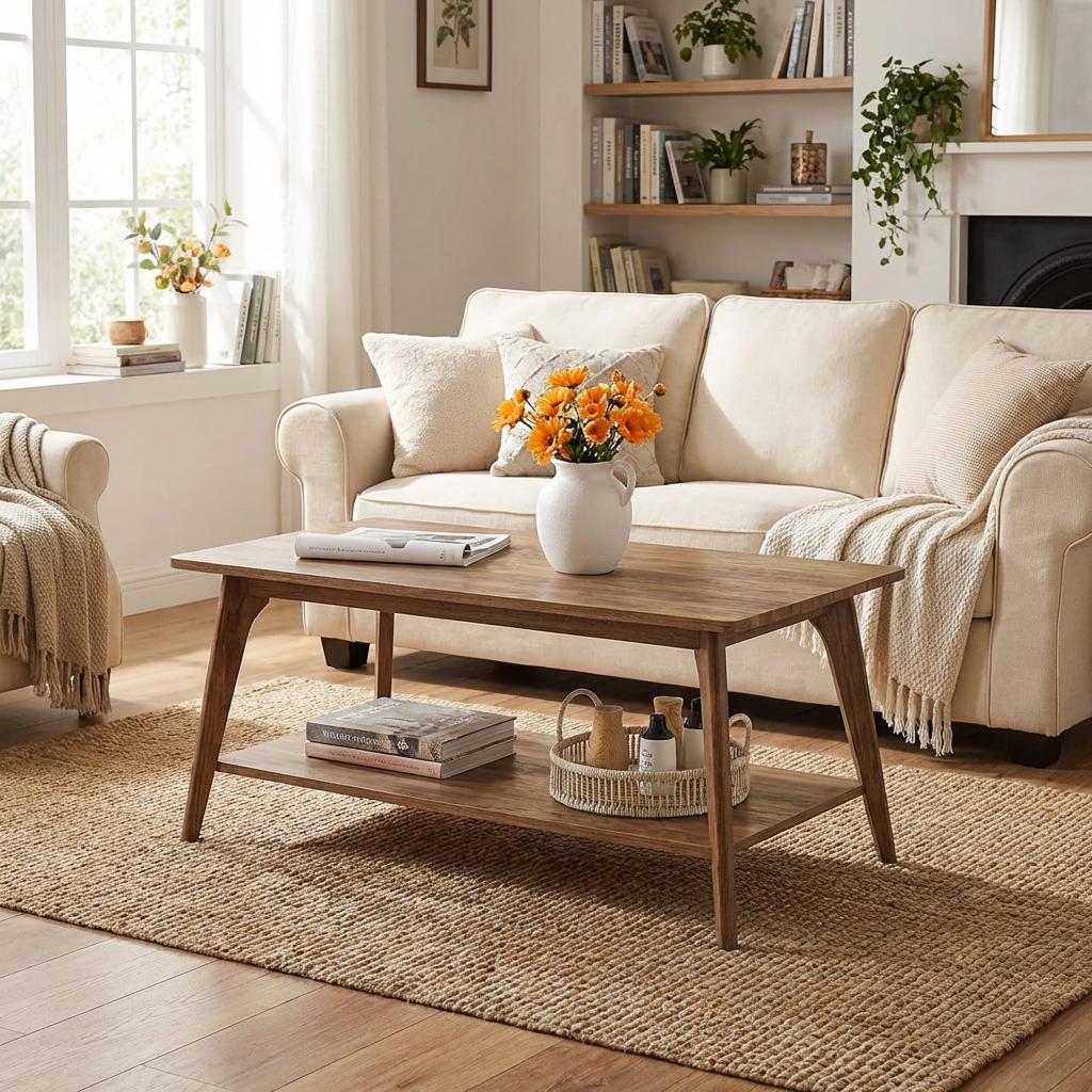 Mid Century Coffee Table 2 Tier Storage Tapered Legs Modern Living Room ...