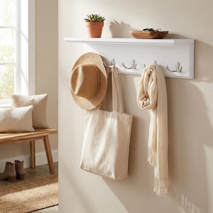 White Wall Mounted Coat Rack with Shelf 4 Double Hooks Entryway Storage Organizer