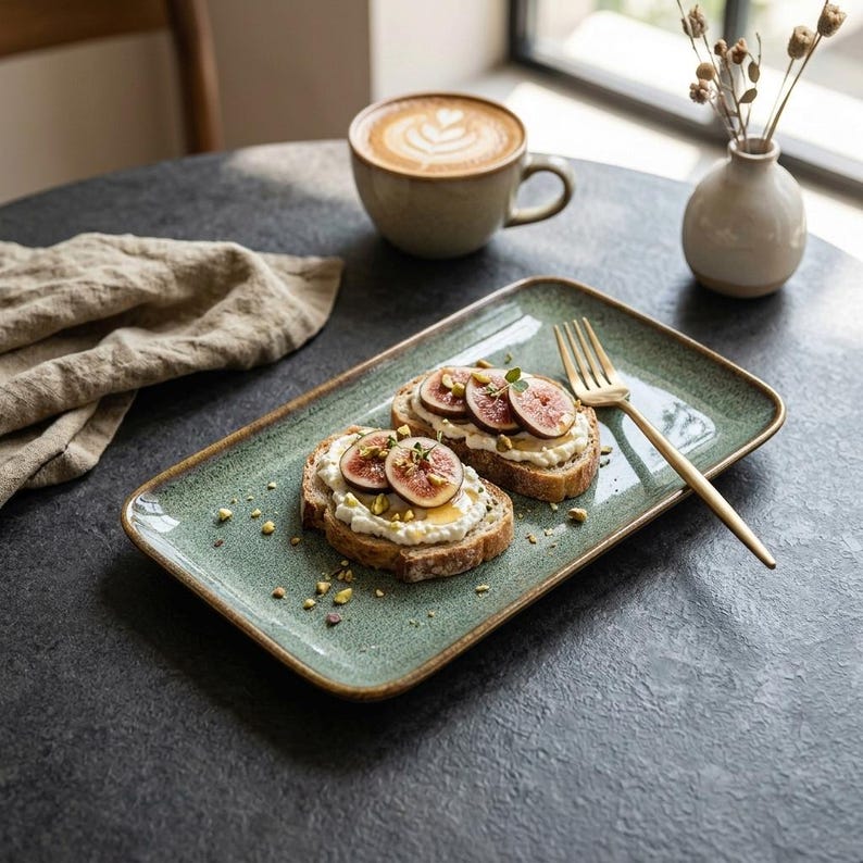 May include: A rectangular green ceramic plate holds two slices of toasted bread topped with white cream cheese, sliced fresh figs, and crushed pistachios. A gold-toned metal fork rests on the plate next to the bread slices.
