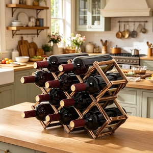 May include: A wooden wine rack holding several bottles of red wine. The rack is made of light brown wood and has a crisscross design. The wine bottles are dark with red foil around the neck. The rack is on a wooden countertop in a kitchen.