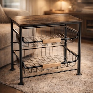 May include: A two-tiered side table with a dark brown wooden top and black metal wire baskets. The baskets have natural wood handles. The table is supported by black metal legs and is placed on a neutral-colored rug.