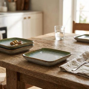 May include: A set of square ceramic plates with a speckled off-white center and a gradient green rim. The plates have a low profile and slightly raised edges. One plate is empty, while another holds a small cluster of brown olives.
