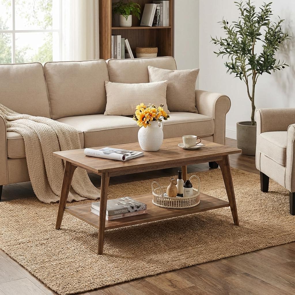 Mid Century Coffee Table 2 Tier Storage Tapered Legs Modern Living Room ...
