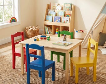 Wooden Table and 4 Chairs Set White Primary Toddler Activity Furniture