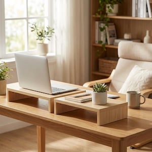 May include: Two light-colored wooden monitor stands of different sizes on a wooden desk. A laptop sits on the larger stand. A small succulent in a concrete pot, a mug, and a notebook are on the smaller stand. The room has a window and a bookshelf.
