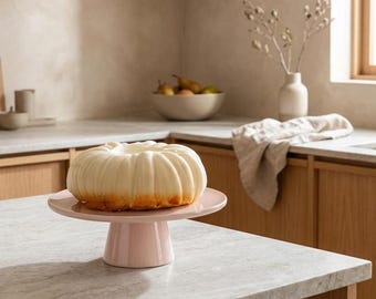 May include: A round, fluted white cake with a golden-brown base sits on a smooth, light pink ceramic cake stand. The cake has a distinct ribbed texture and a hollow center, presented on a pedestal base that matches the stand's color.