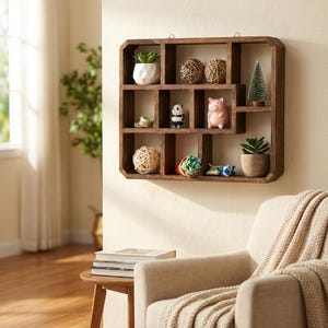 May include: A dark brown wooden wall shelf with multiple compartments, displaying small decorative items. The shelf holds a variety of objects, including small plants, decorative balls, a panda figurine, and a pink pig figurine. The shelf is mounted on a beige wall.