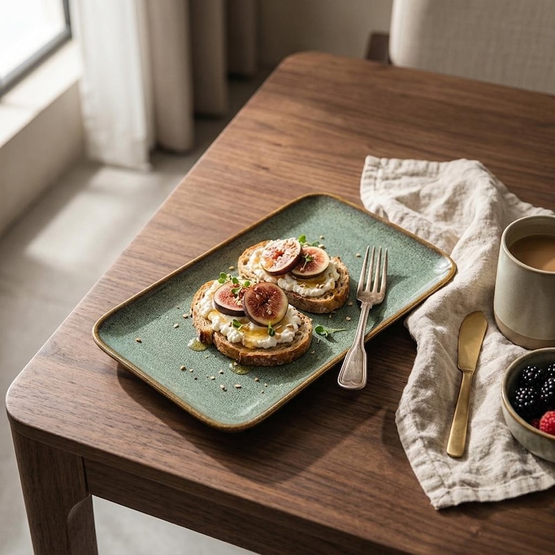May include: A rectangular green ceramic plate with a speckled finish holds two slices of toasted bread topped with white cheese, sliced figs, and honey. A silver fork rests on the plate, while a beige napkin, a mug, and a gold knife are nearby.