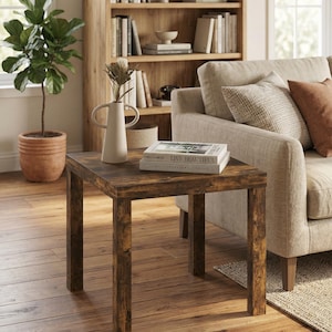 May include: A square, dark brown side table with a distressed finish. A cream-colored vase with a dried flower arrangement and a book titled "LIVE BEAUTIFUL" sit on top. The table is next to a beige sofa and a wooden bookshelf.