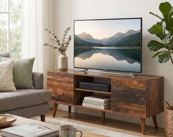 Mid-Century Modern TV Stand, Retro Media Console, Soft-Close Cabinets, Adjustable Shelves