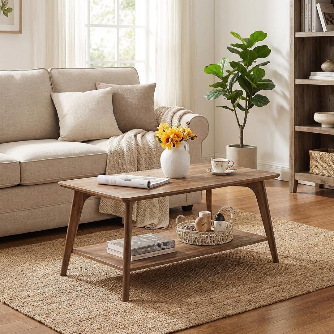 Mid Century Coffee Table 2 Tier Storage Tapered Legs Modern Living Room ...
