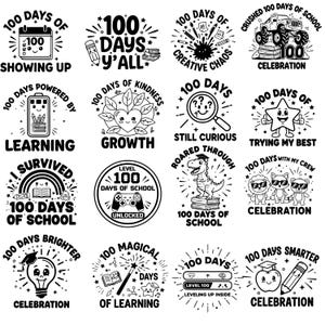 Puede incluir: Una colección de diseños circulares en blanco y negro que celebran 100 días de escuela. Cada diseño presenta texto e ilustraciones, incluyendo un calendario, lápices, libros y un dinosaurio. Ideal para manualidades escolares.
