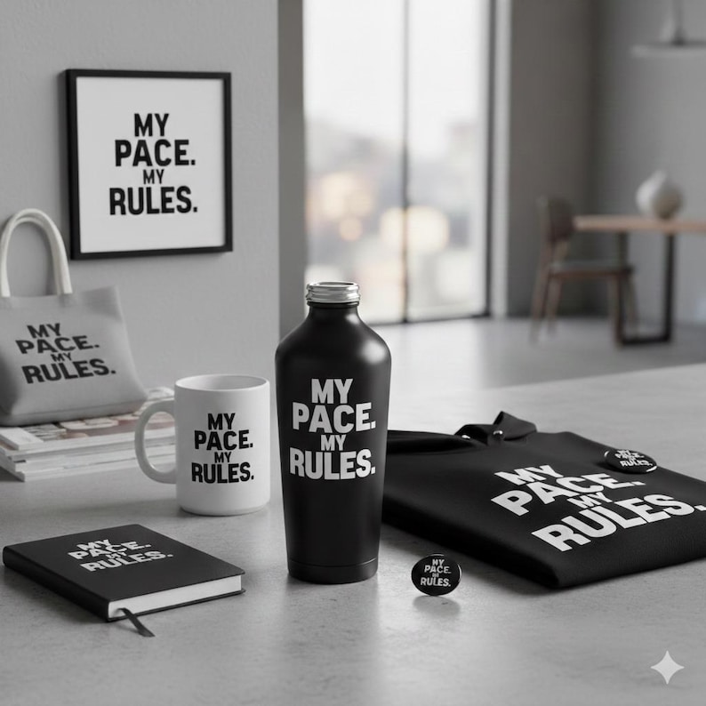 Puede incluir: Colecci&oacute;n de art&iacute;culos en blanco y negro con el texto "MY PACE. MY RULES.", que incluye un marco, un bolso de mano, una taza, una botella de agua, un cuaderno, una camiseta y un bot&oacute;n. Los art&iacute;culos est&aacute;n dispuestos sobre una superficie clara.