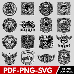Puede incluir: Una colección de dieciséis emblemas gráficos en blanco y negro con temática de motocicletas, que incluyen motos, calaveras, cascos, águilas y alas. Los diseños contienen textos como Fast Riders, Ride Society, Full Throttle y Custom Garage.