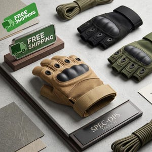 Puede incluir: Guantes tácticos sin dedos en negro, verde oliva y beige, cada uno con protector rígido para los nudillos, articulaciones reforzadas y correa ajustable en la muñeca. Se incluye una placa negra con el texto SPEC-OPS TACTICAL.