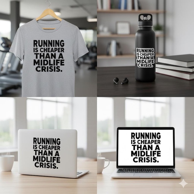 Puede incluir: Una camiseta gris claro, una botella de agua negra, un ordenador port&aacute;til y una pantalla de ordenador port&aacute;til muestran el texto "RUNNING IS CHEAPER THAN A MIDLIFE CRISIS". La camiseta cuelga de una percha de madera. La botella de agua es negra. El port&aacute;til es plateado.