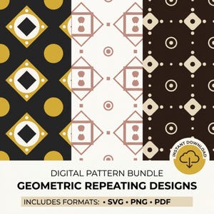 May include: Digital pattern bundle featuring geometric repeating designs in black, white, and brown. The designs include squares, circles, and other shapes. The bundle includes SVG, PNG, and PDF formats.