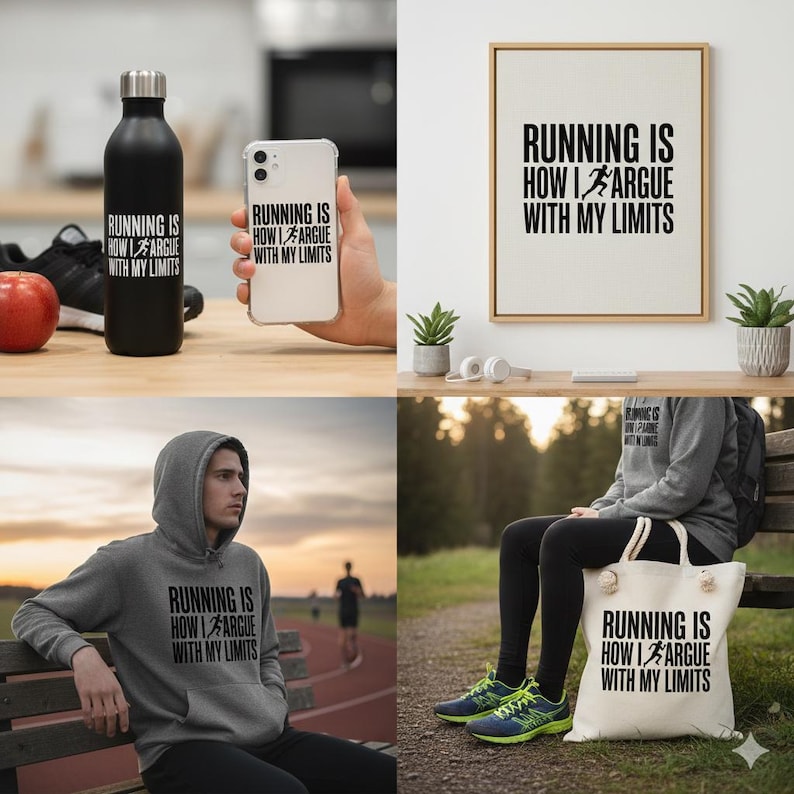 Puede incluir: Una colecci&oacute;n de art&iacute;culos con el texto "RUNNING IS HOW I ARGUE WITH MY LIMITS". Incluye una botella de agua negra, una funda de tel&eacute;fono, una impresi&oacute;n enmarcada, una sudadera con capucha gris y un bolso de mano. Los art&iacute;culos est&aacute;n relacionados con correr y el fitness.