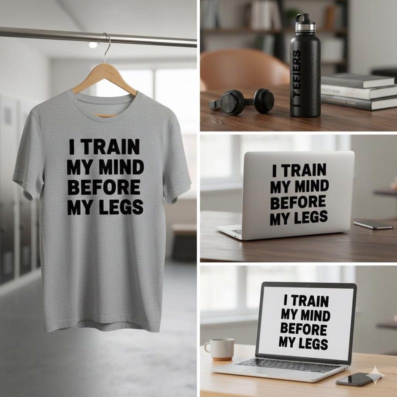 Puede incluir: Una camiseta gris claro con el texto "I TRAIN MY MIND BEFORE MY LEGS" en negro. Tambi&eacute;n se muestra una botella de agua negra, auriculares y un port&aacute;til con el mismo texto.