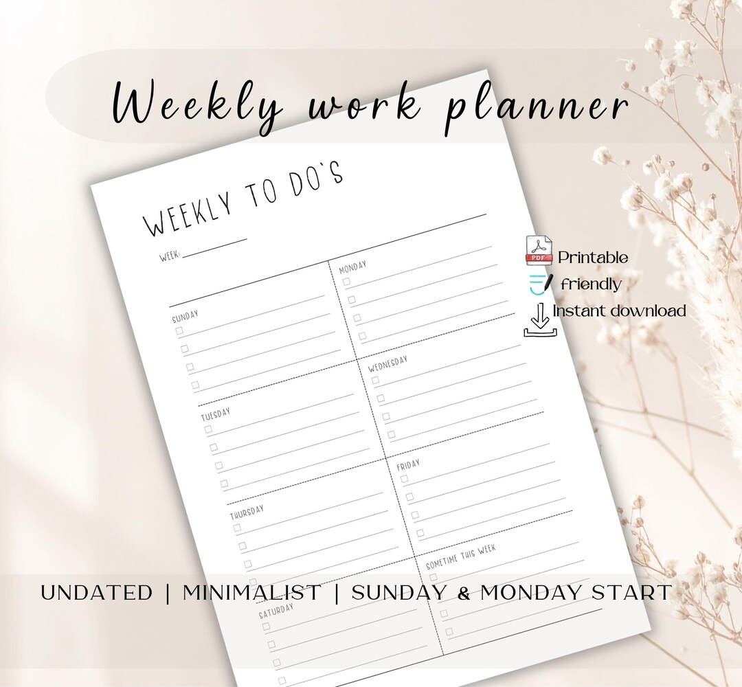 Work Weekly Planner Printable Minimalist Weekly to Do List Undated Work ...