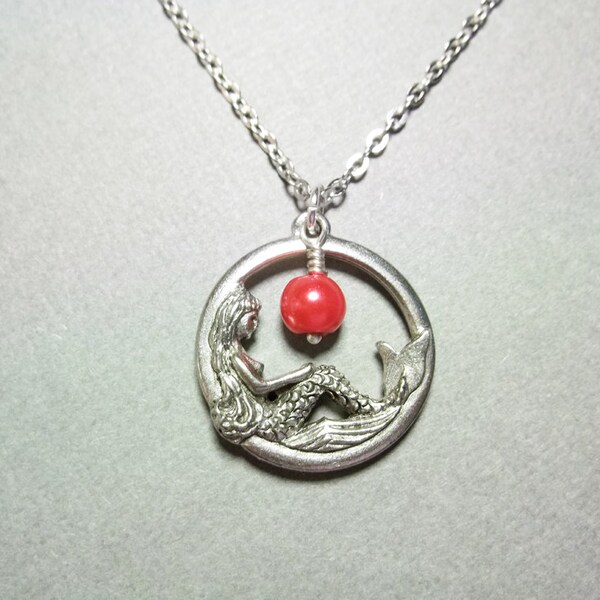 Mermaid Necklace Red Glass Pearl Necklace Mermaid Jewelry Beach Jewelry Friendship July Birthstone Gift