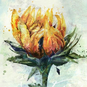 Sunflower Vintage Look Mixed Media Watercolor Painting Art Print, Ready to Hang Canvas, or Metal I Available in Large I Wall Decor