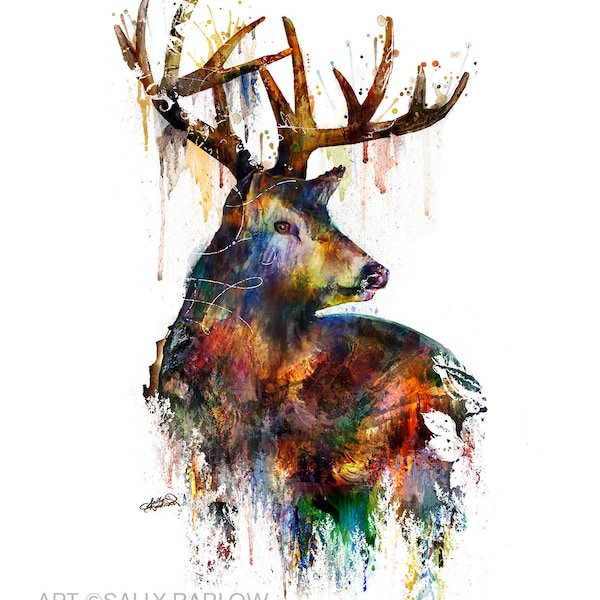 Deer Stag Mixed Media Watercolor Painting Double Exposure Landscape Wall Decor I Art Print, Canvas, or Metal I Wildlife Art